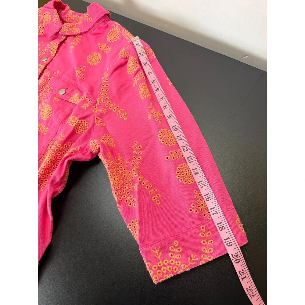 G by Giuliana Black Label Pink Puff‎ Sleeve Eyelet Denim Jacket 3X Feminine